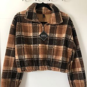 ZAFUL checkered brown and tan fluffy sweatshirt
